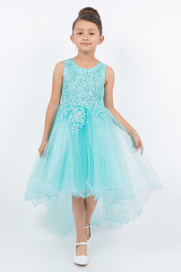 Big Girls Aqua Rhinestone Pearl Wired Tulle Hi-Low Junior Bridesmaid Dress 8-12